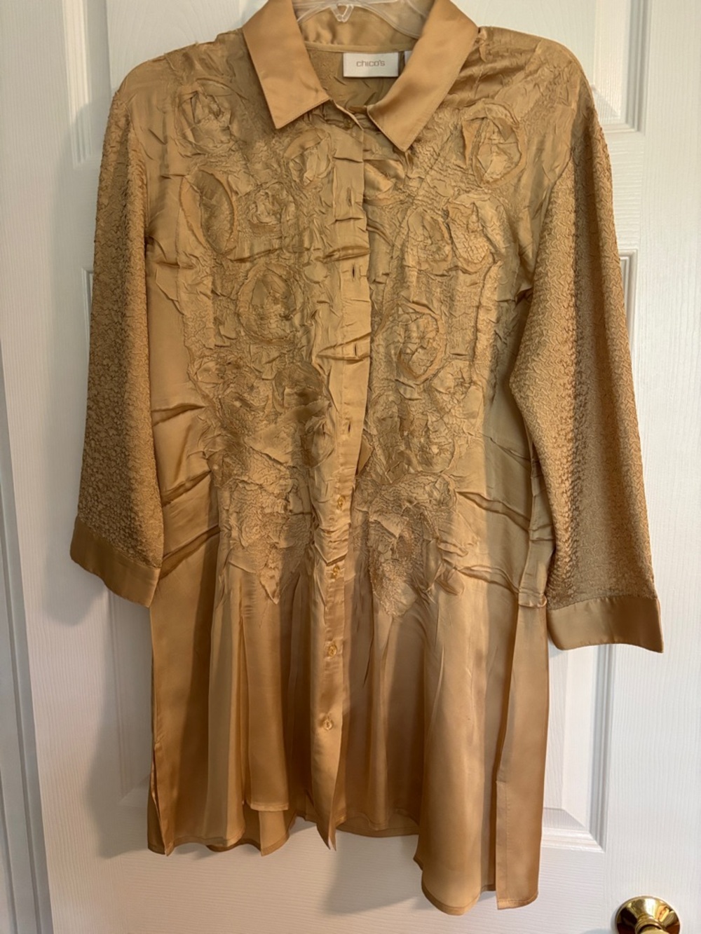 Chico's Champagne Gold Textured Button-Up Blouse